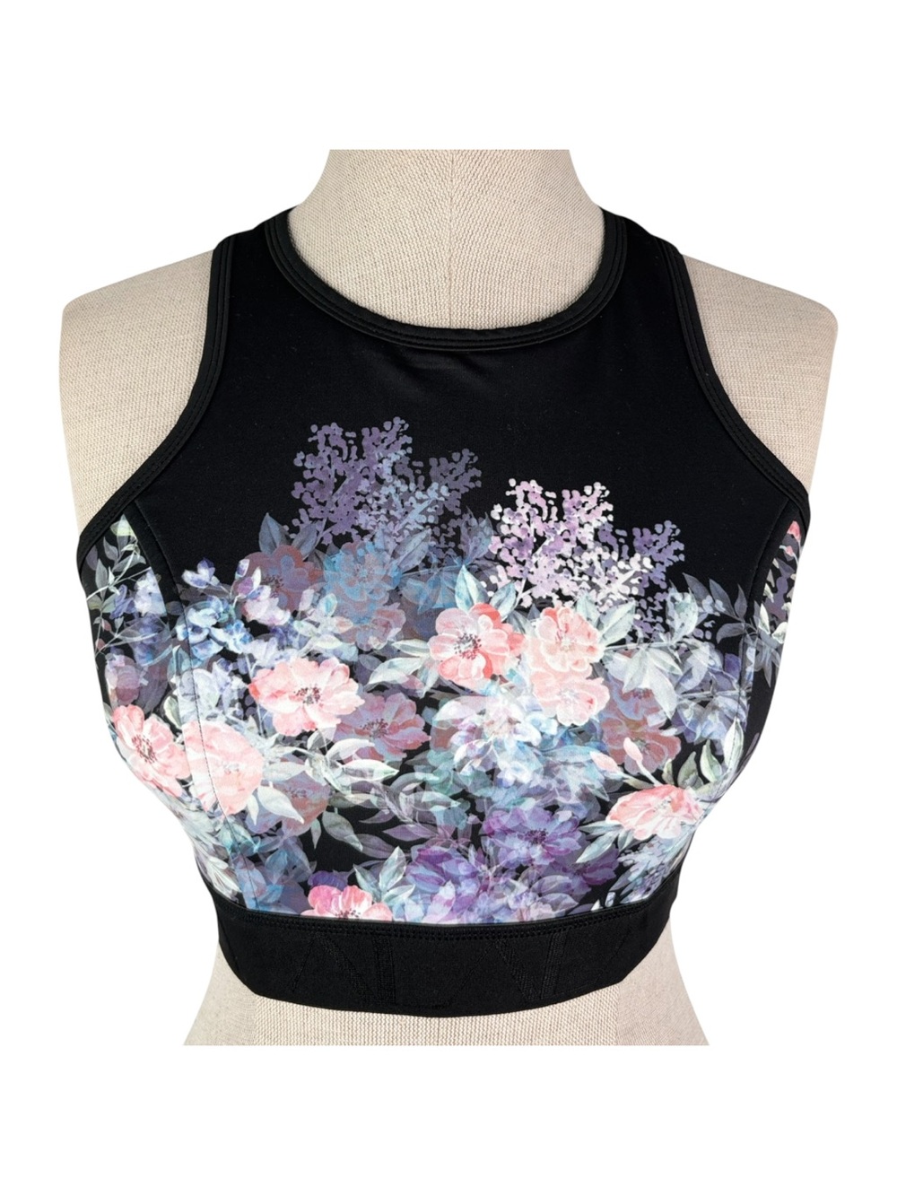 Alala Longline Sports Bra sz XS * Black w/ Purple Floral Print Yoga Gym Lounge